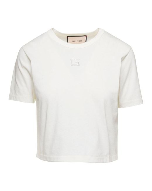 Gucci White Cropped T-shirt With Embellished Retro Square G In Cotton