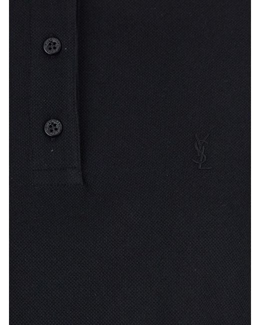 Saint Laurent Blue Oversize Polo Shirt With Classic Collar And Tonal Logo Embroidery On The Front