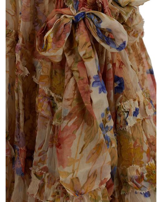 Zimmermann Brown 'august' Mini Multicolor Frill Dress With Floreal Print In Viscose Woman