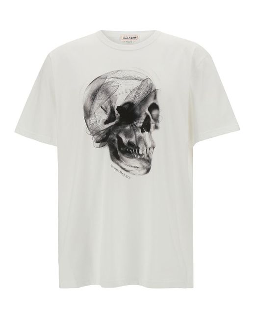 Alexander McQueen Gray White Crewneck T-shirt With Contrasting Skull Print In Cotton for men