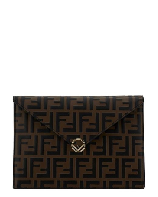 Fendi Black 'f Is ' Large Slim Pouch With Macro Ff Motif In Leather