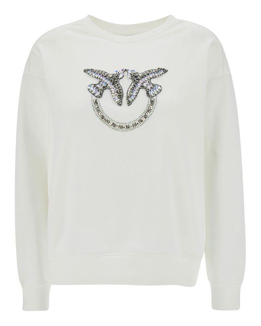 Pinko Gray Crewneck Sweatshirt With Rhinestone Love Birds Detail