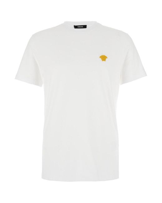 Versace White Crewneck T-Shirt With Medusa Embroidery On The Front for men