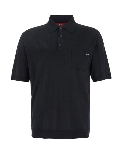 Gucci Black Polo Shirt With Chest Pocket And Embroidered Logo On The Front for men