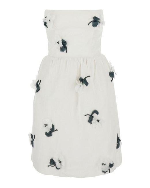 ShuShu/Tong White Strapless Linen Dress With Floral Appliqué