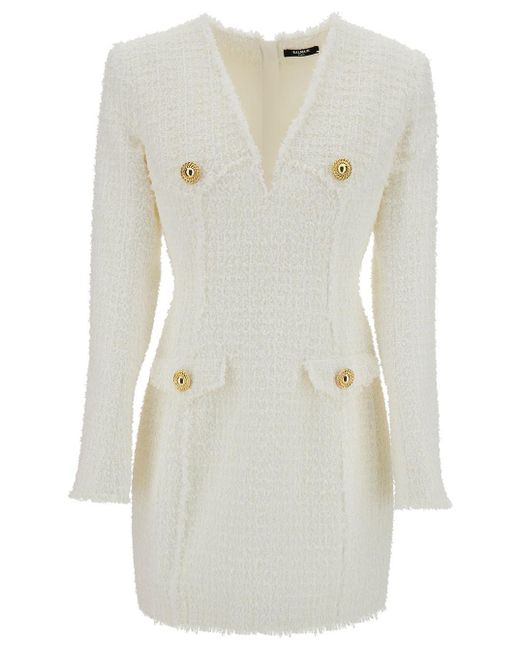 Balmain White Mini Dress With V Neckline And Jewel Buttons