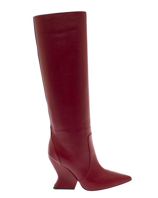Alberta Ferretti Red Pull-on High-boots With Sculpted Heel In Smooth Leather
