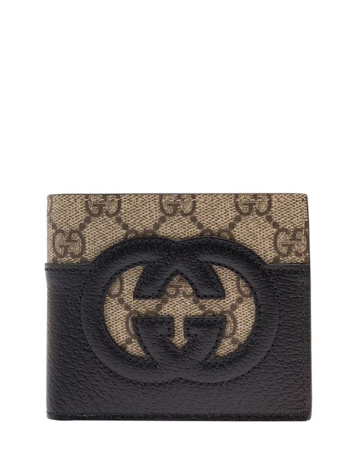 Gucci Gray Bi-fold Wallet With Cut-out Interlocking G And Logo Print In Cotton Blend Man for men