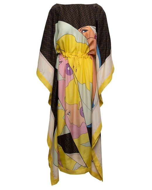 Fendi Multicolor Woman's Kaftan Printed Silk Long Dress
