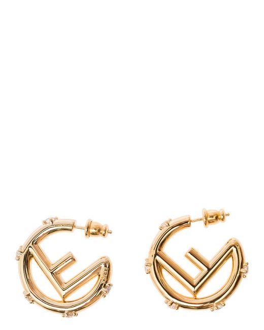 Fendi Metallic Gold-toned Earrings With F Is Motif And Crystals In Brass