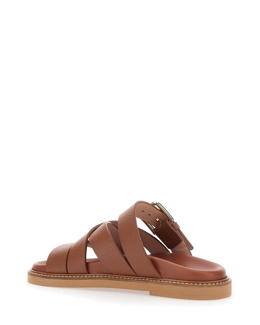 Pollini Brown Leather Open Toe Sandals With Buckle Closure For