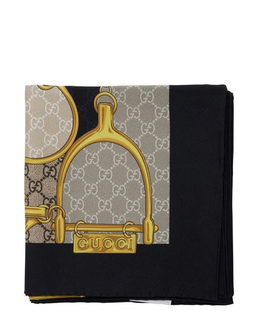 Gucci Black Square Scarf With Horsebit Print