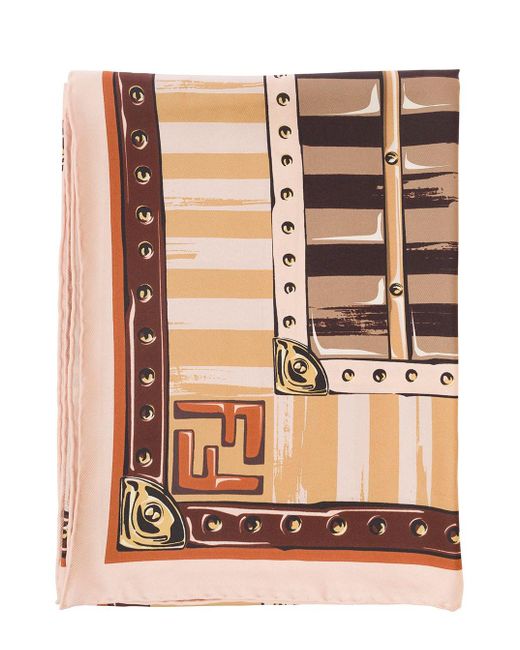 Fendi Brown Scarf With Iconic Bags Print In Silk