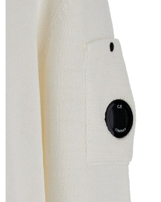 C P Company White Cardigan With High Neck And Lens Motif Applied On The Sleeve for men