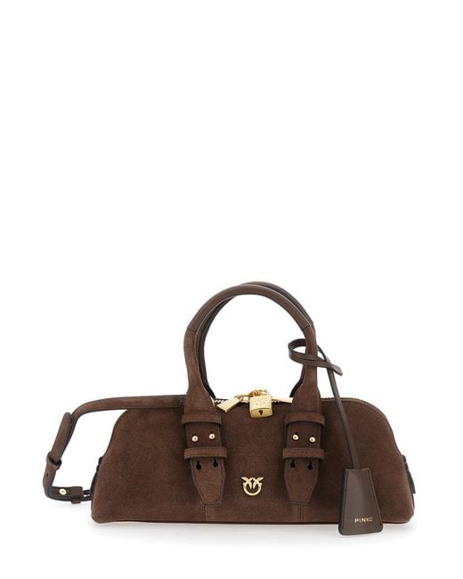 Pinko Brown 'Bowling' Handbag With Padlock Detail And Love Birds Logo On The Front