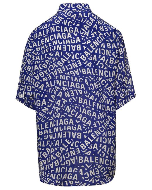 Balenciaga Oversized E Shirt With All-over Logo Lettering Print In Silk Man  in Blue for Men | Lyst