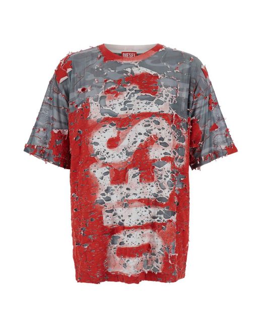 T-Shirt 'T-Boxt-Peel' Con Effetto Destroyed E Stampa Camouflage di DIESEL in Red da Uomo