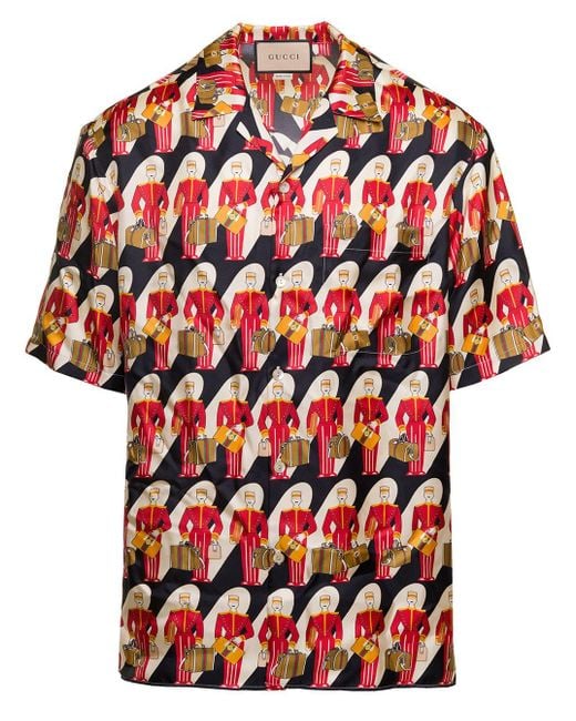 Camicia In Twill Di Seta Con Stampa Porter di Gucci in Multicolor da Uomo