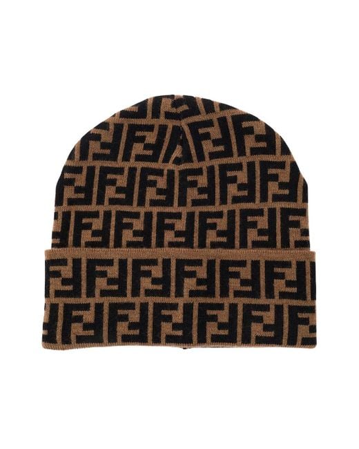 Fendi Brown Beanie With All-over Ff Motif In Wool