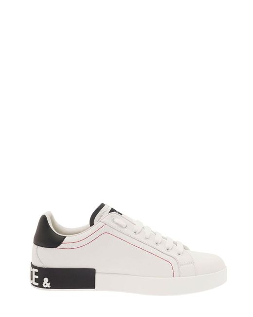 Dolce & Gabbana White 'Portofino' Low Top Sneakers With Patch Logo And Stitching for men