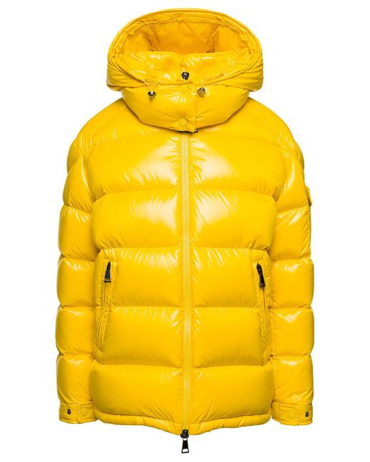 Moncler Yellow 'maire' Hooded Down Jacket With Logo Patch In Nylon