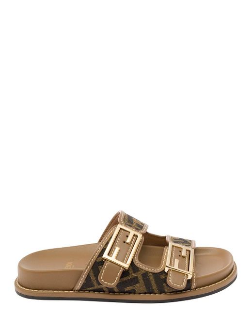 Fendi Brown Slide With Double Buckles With Logo