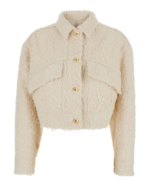 Brunello Cucinelli Natural Jacket With Classic Collar And All-Over Fringed Details