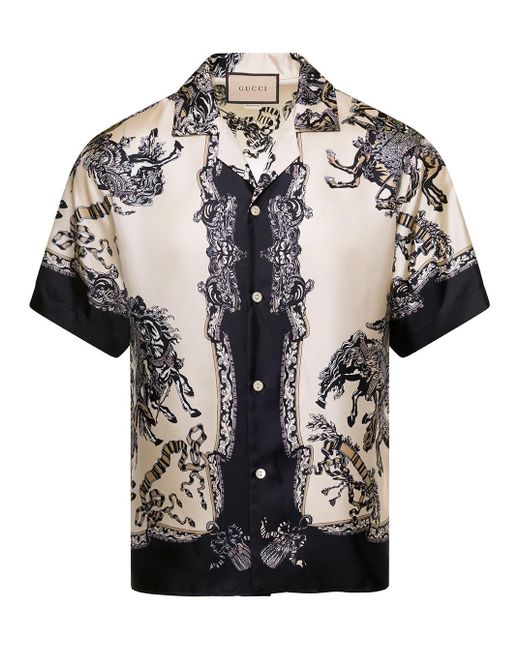 Gucci Black Bowling Shirt With Sun King Print In Silk Man for men