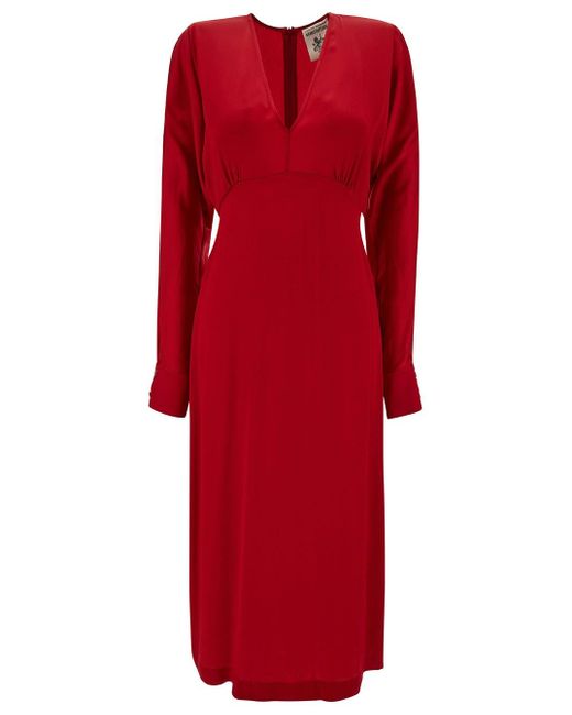 Semicouture Red Midi V Neck Dress With Long Sleeve