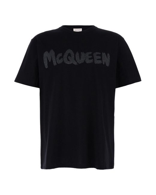 Alexander McQueen Black T-Shirt With Glitter Logo Print for men