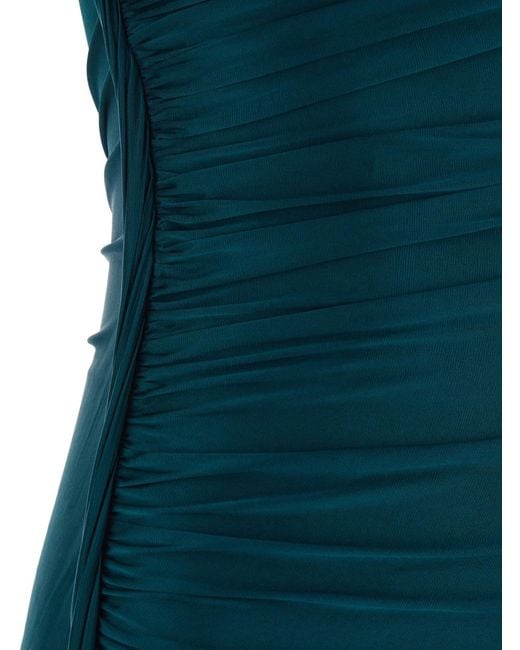 Victoria Beckham Blue Petrol Long Dress With Round Neckline And Ruffl
