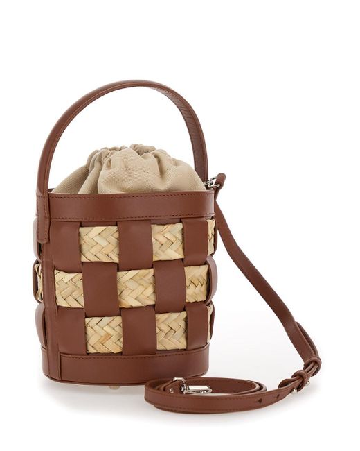 Hereu 'galleda' Brown And Beige Bucket Bag With Drawstring In Rafia And Leather Woman
