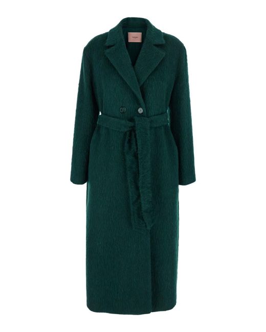 Twinset Green Double-Breasted Coat With Notched Revers And Belt On The