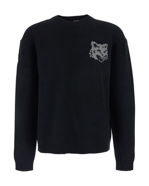 Maison Kitsuné Black Crewneck Sweater With Logo Embroidery for men