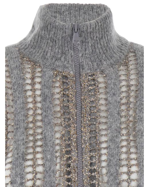 Brunello Cucinelli Gray High Neck Cardigan With Diamond Yarn And Sequins