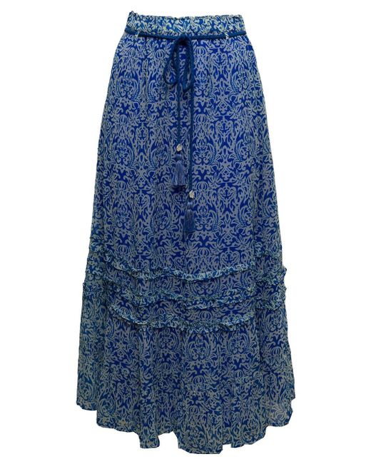 MOLIIN Copenhagen Blue Molin Woman's Hillery Viscosa Printed Long Skirt With Belt