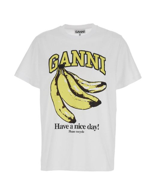 T-Shirt Basic Con Stampa Logo Banana Bianca di Ganni in Gray