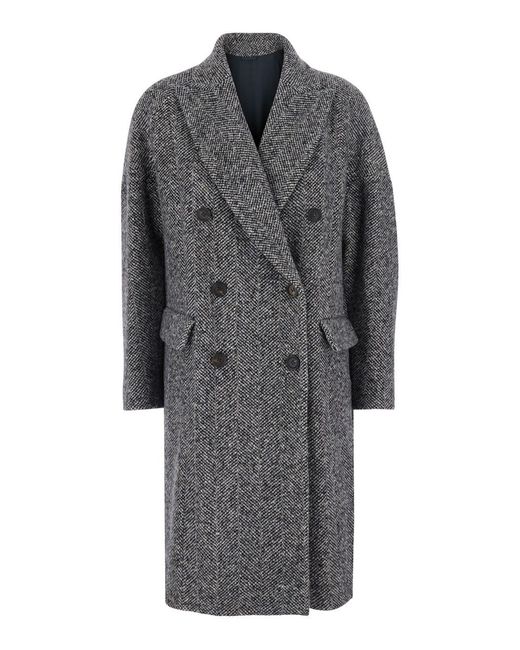 Brunello Cucinelli Gray Double-Breasted Coat With Peak Revers