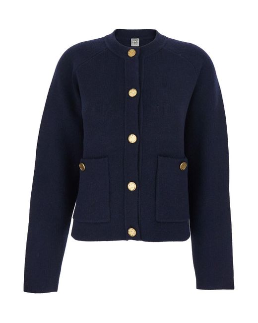 Totême  Blue Cardigan Round Neck Jewel Button