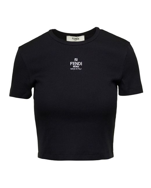 Fendi Black Ribbed Cropped T-shirt With Logo Detail In Stretch Cotton