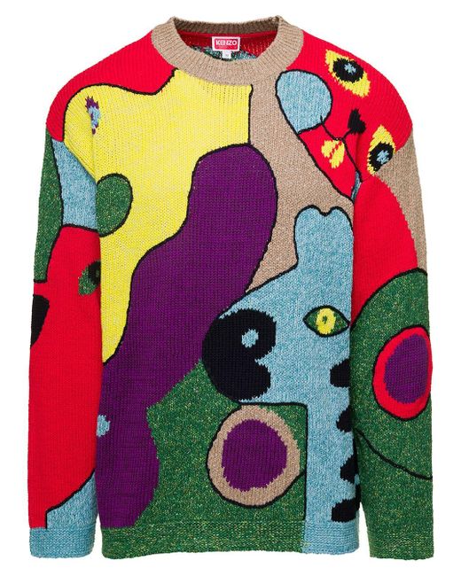 KENZO Pink Multicolor Crew Neck Knitted Jumper With Graphic Print All-over In Cotton Blend Man for men