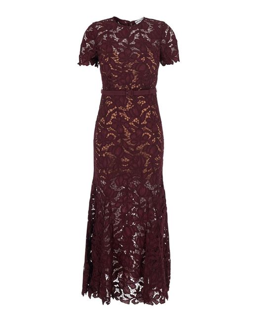 Self-Portrait Purple Burgundy Long Dress With Lace Details And Round Neckline
