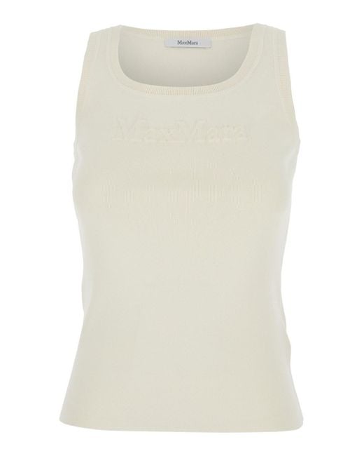 Max Mara Natural 'Pentola' Sleeveless Top With Square Neck And Tonal Logo Lettering Embroidery On The Front