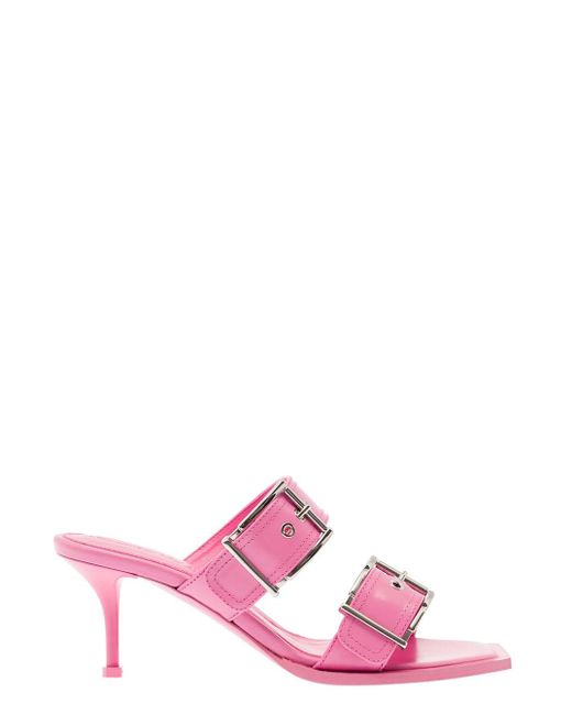 Alexander McQueen Pink Buckled Leather Slip-On Sandals