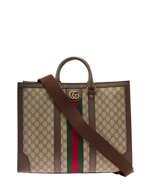 Gucci Brown 'ophidia' Big Tote Bag With Double G In Beige And Ebony gg Supreme Canvas Man for men
