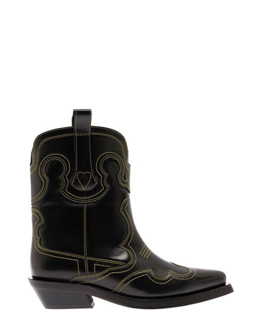 Low shaft embroidered western boot di Ganni in Black