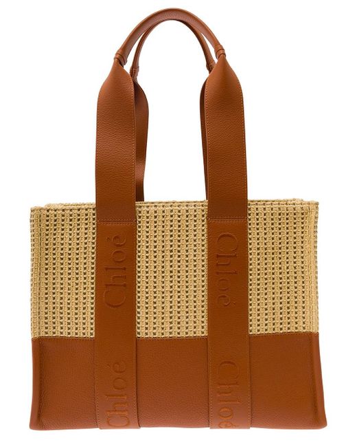Chloé Brown 'Woody Medium' Tote Bag With Logo Embroidery