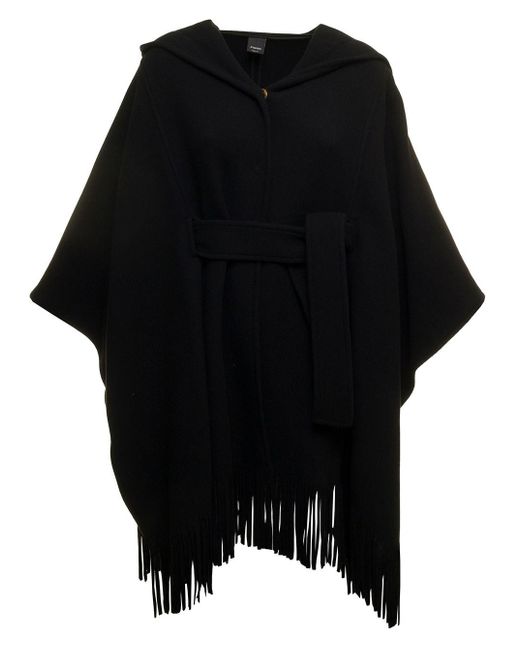 Pinko Melania Cape In Wool Cloth With Hood, Belt And Fringes Woman in ...
