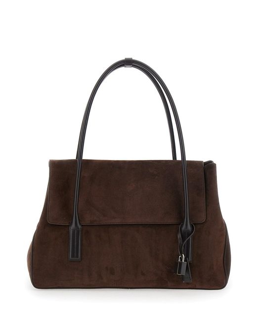 Tom Ford Brown Large Shoulder Bag With Padlock Details On The Front