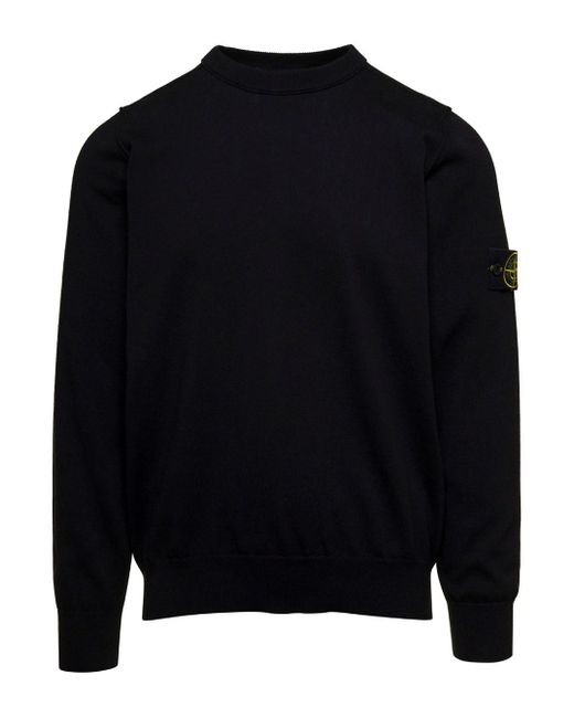 Stone Island Blue Crew Neck Sweater With Logo Application On Sleeve I for men